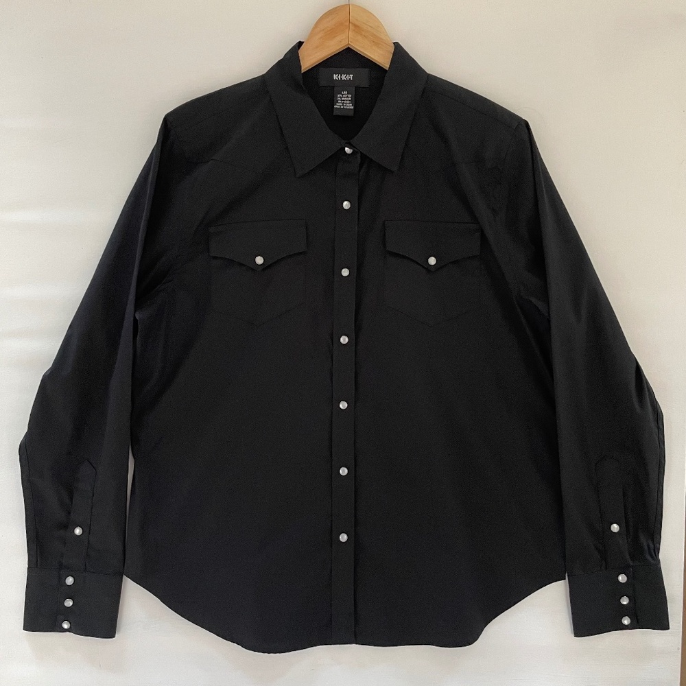 Womens Black Western Shirt Slim Large Kikit Pearl Snap Long Sleeve Cowgirl sz L